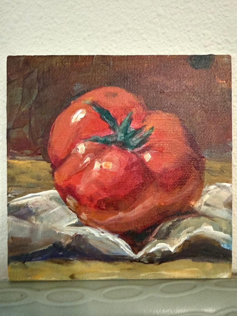 Still Life Tomato Oil and Acrylic Painting on Canvas Panel 4”x4”